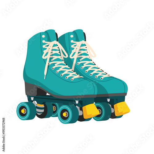 Teal quad roller skates with yellow toe stops and cream laces