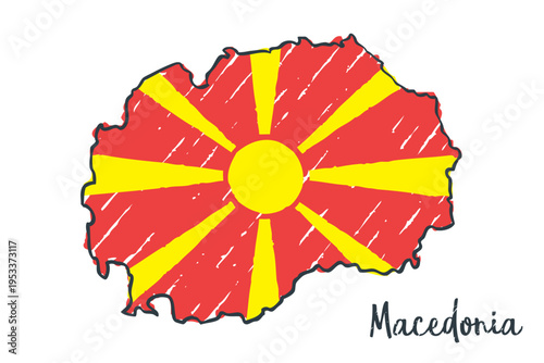 North Macedonia Map - hand drawn Macedonian flag illustration