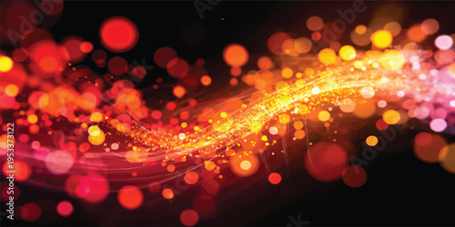 A glowing bokeh background of red and white Christmas lights creates a bright holiday celebration with blurred circles of shiny defocused light across a dark night city