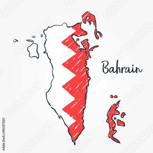 Bahrain Map Sketch - hand drawn Bahraini flag illustration