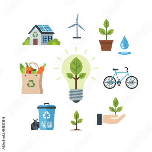 Illustrations of eco-friendly living solar house, wind turbine, plant, water, bike, produce bag, and recycle bin