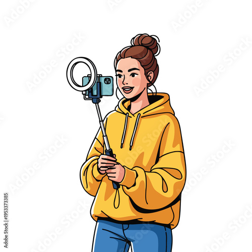 Young woman with brown hair in a bun, wearing a yellow hoodie, holds a selfie stick with a phone and ring light