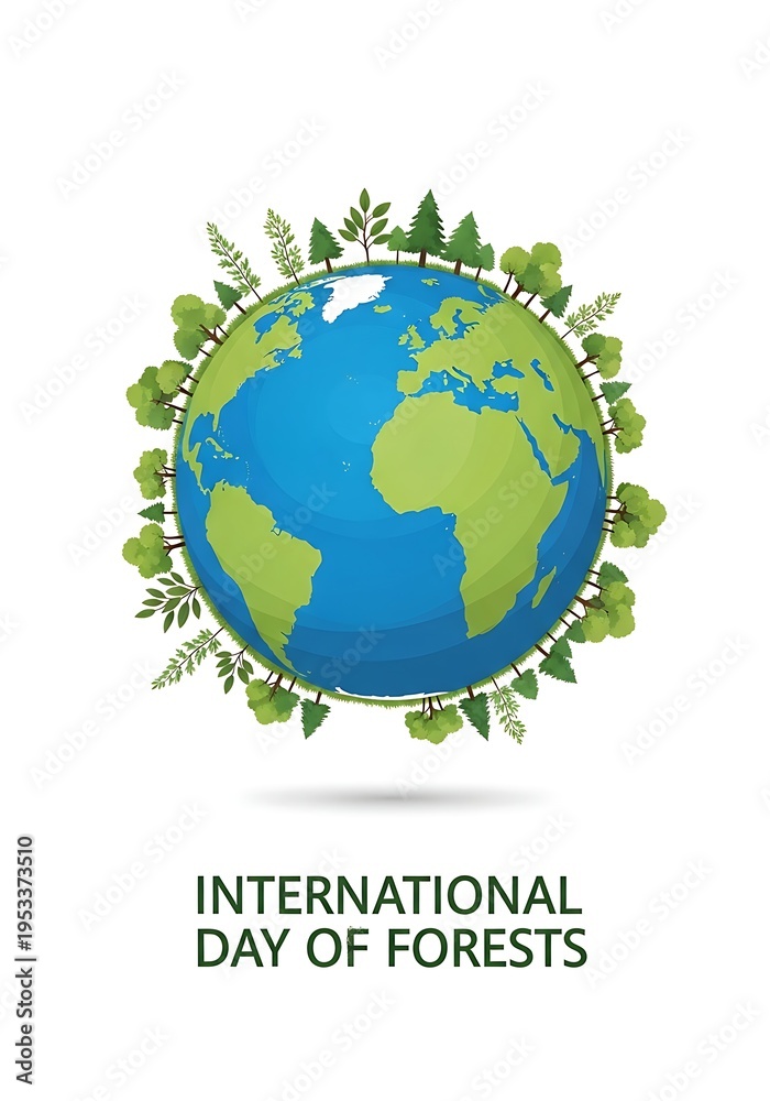 Fototapeta premium International day of forests logo with green leaves and blue globe on white