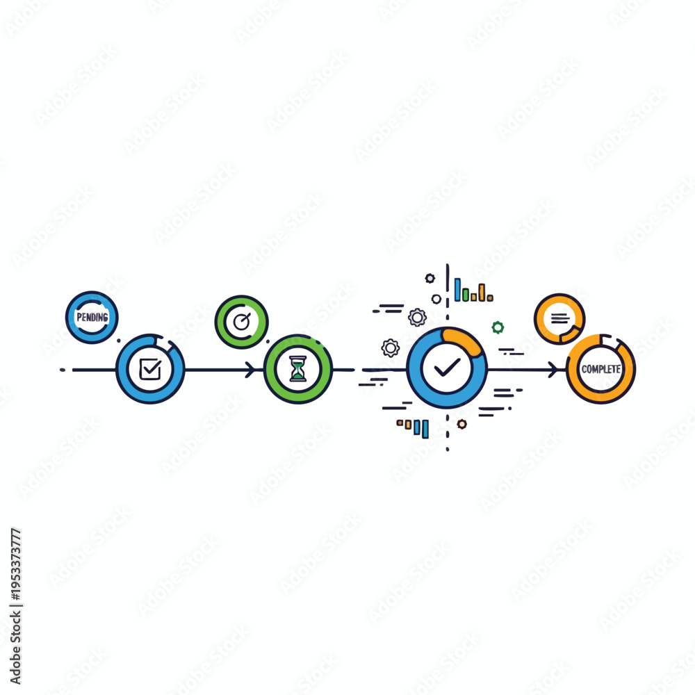 Obraz premium Process flowchart with icons indicating pending, time, task completion, and final status