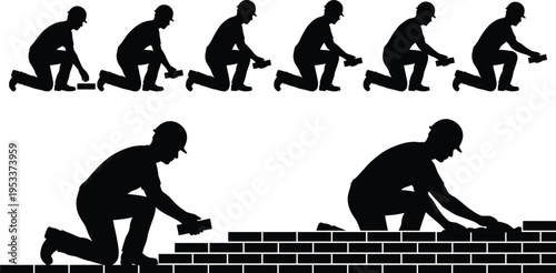 Construction worker bricklayer silhouette sequence mason building brick wall masonry tools professional builder work site icons home renovation project vector illustration