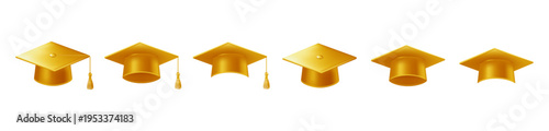 Realistic gold graduate caps set. 3D Graduation Doctoral hat