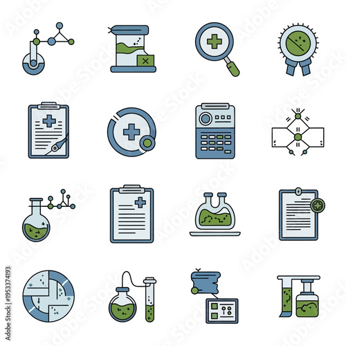 Collection of Medical and Scientific Icons Representing Research and Healthcare.