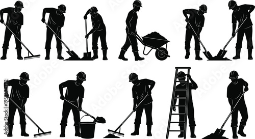 Construction workers silhouettes set, manual laborers using shovels, rakes, wheelbarrows, and ladders for site building, landscaping, gardening, and industrial work