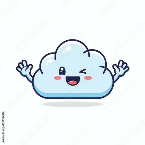 A cheerful cartoon cloud with eyes, rosy cheeks, open mouth, and raised hands