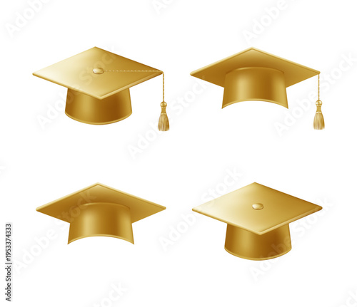 Realistic gold graduate caps set. 3D Graduation Doctoral hat