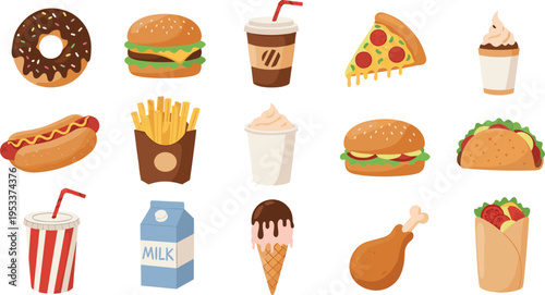 Fast food cartoon vector set with burger pizza fries donut drinks ice cream hotdog and takeaway items