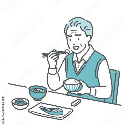 バランスの良い食事（和食）をとる高齢男性（おじいちゃん）のイラスト
