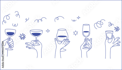 Hands Holding Wine Glasses Set Minimal Line Art Illustration