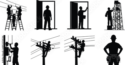electrician worker silhouettes set, power line maintenance ladder tools, electrical repair service, industrial workforce, utility engineering, professional workers, manual work concept