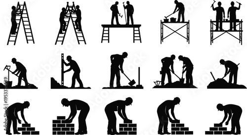 construction worker silhouettes set, scaffolding ladder teamwork, bricklaying digging tools, industrial labor activities, building site workforce, engineering construction, professional workers