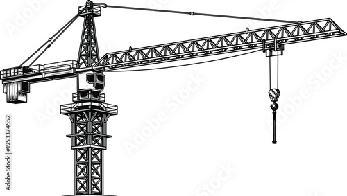 Detailed black and white tower crane vector illustration featuring a construction hoist and lifting hook for industrial engineering and building project design