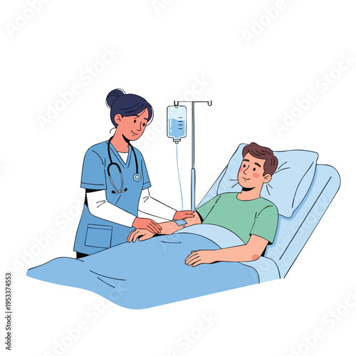 Nurse tending to patient receiving intravenous fluids in hospital bed