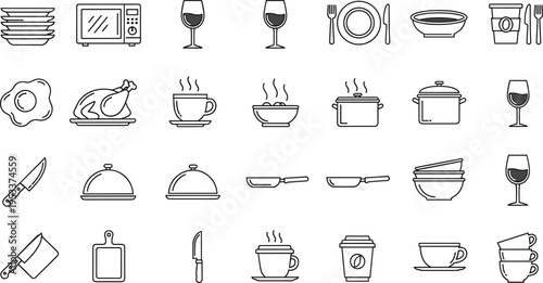 Kitchen utensils and cooking line icons set food equipment restaurant tools outline illustration collection