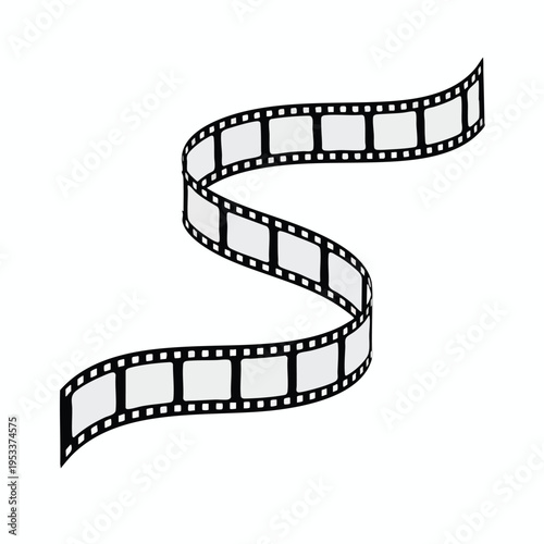 Wavy black and white film strip with clear square frames on a white background