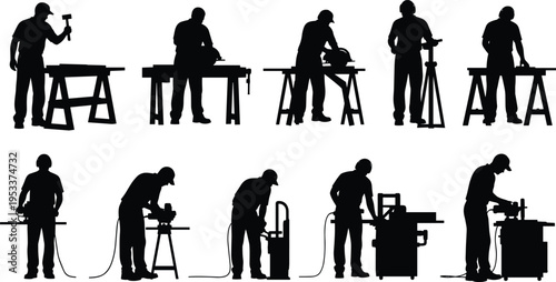 industrial worker silhouettes set, workshop machining tools, factory production labor, engineering manufacturing, manual work activities, professional craftsmen, industry workforce concept design