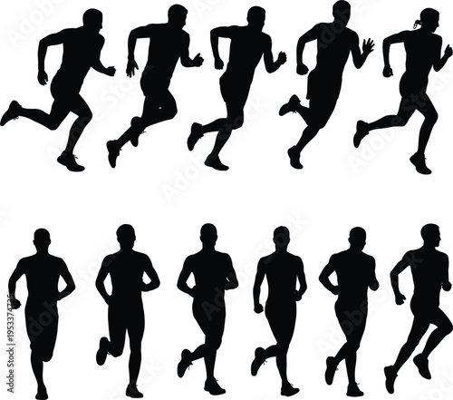 Running people silhouettes set, athlete jogging poses collection