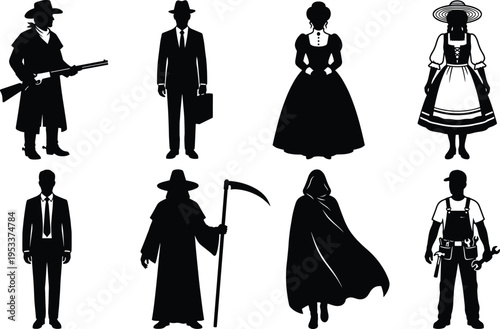 Diverse collection of black character silhouettes including cowboy, businessman, Victorian lady, grim reaper, cloaked figure, and handyman for creative design projects