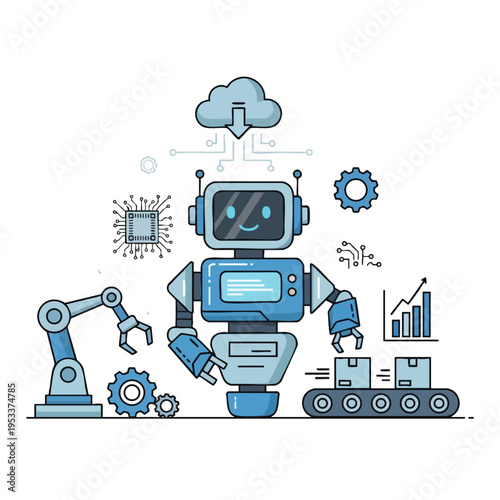 A friendly robot orchestrates manufacturing, cloud data, and growth metrics