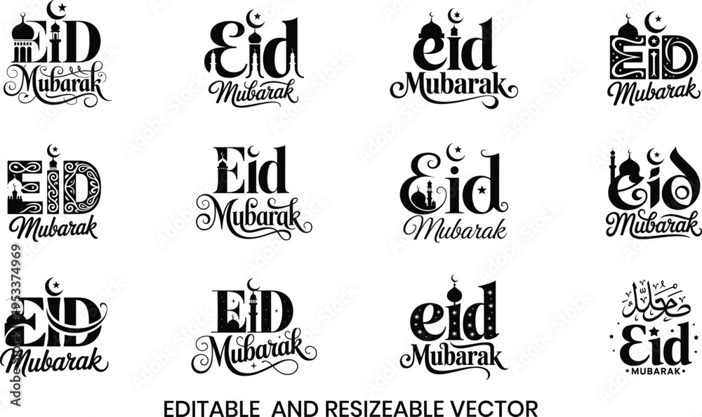 Fototapeta premium Eid Mubarak Typography Islamic collection Bundle Vector Set .