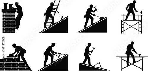 construction worker silhouettes set, roofing ladder hammer tools, industrial labor activities, building site workforce, engineering construction, manual work, professional workers concept