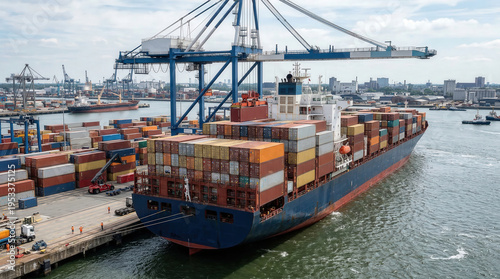 Ultra-high-quality photorealistic image of a cargo port during ship loading operations, no people present.