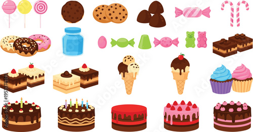 Sweet desserts and candy vector set with cakes donuts cookies ice cream lollipops and sugary treats collection