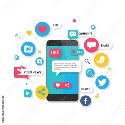 Smartphone surrounded by social media icons indicating engagement, content creation, and interaction