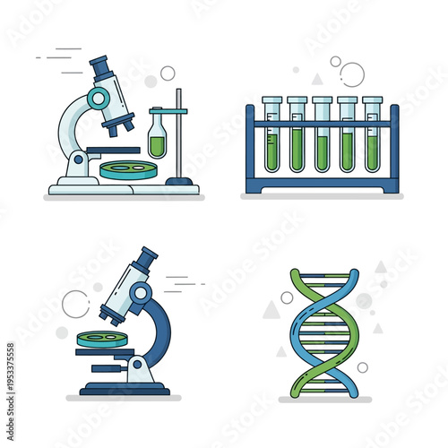Scientific research equipment with microscopes test tubes and DNA.