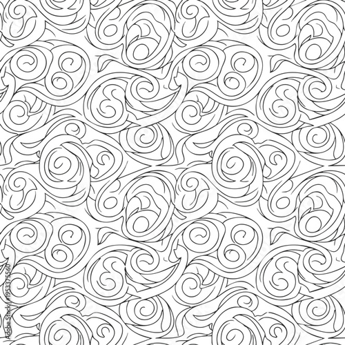Seamless black and white abstract swirl pattern with organic flowing lines