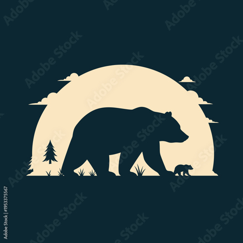 Grizzly bear and cub walking together in nature.