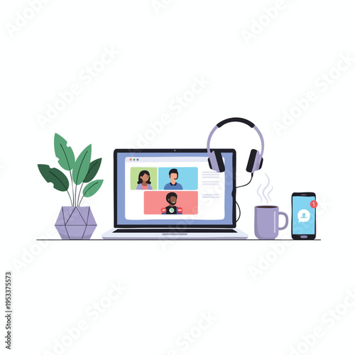 Laptop video call, headphones, plant, coffee, and phone with notification