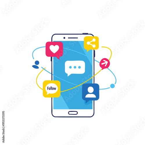 Smartphone with social media icons and connecting lines