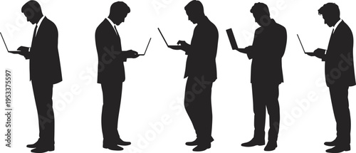 Silhouette of diverse individuals standing with laptops, representing modern digital lifestyle, technology engagement, remote work, online communication, and contemporary business culture in everyday 