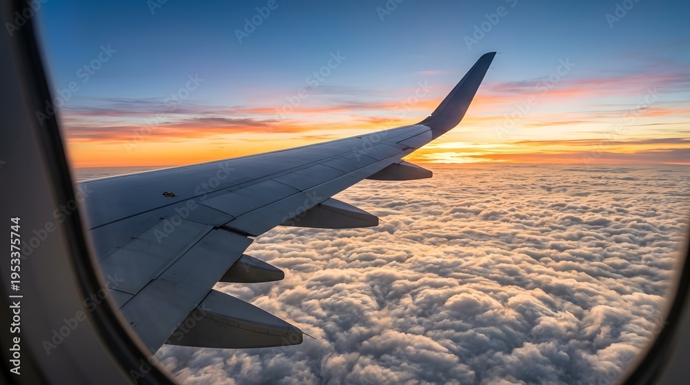 Fototapeta premium A serene scene of an airplane wing soaring above fluffy white clouds during a breathtaking sunset