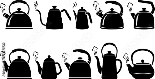 classic whistling kettle with steam spout hand drawn in vintage style
