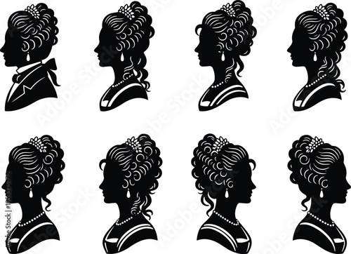 Vintage Victorian woman silhouette collection featuring elegant lady profile portraits with elaborate hairstyles jewelry and classic period attire for historical design and wedding stationery