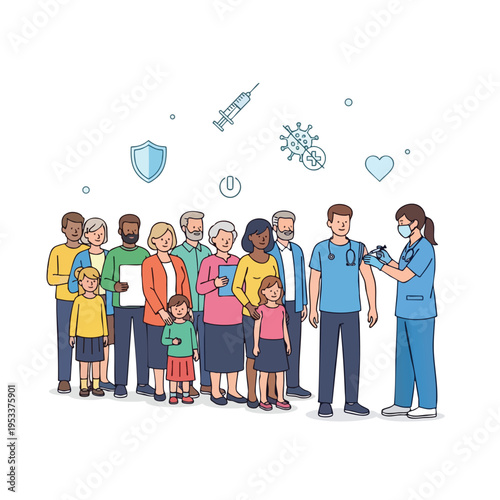 Diverse group of people receiving vaccinations from healthcare professionals
