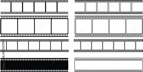 Grunge film strip icon set with vintage texture, distressed cinema frame collection, retro movie reel design group, old photography strip , analog media element for creative projects.