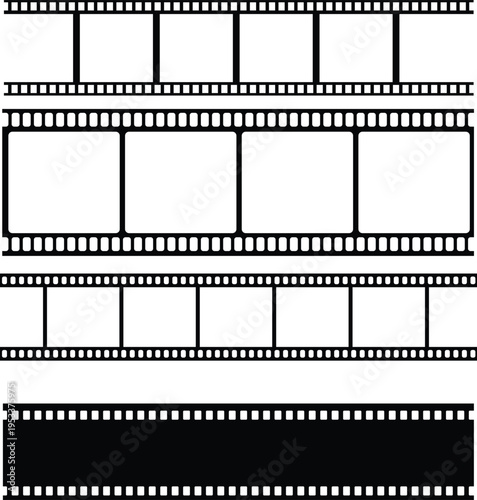 Grunge film strip icon set with vintage texture, distressed cinema frame collection, retro movie reel design group, old photography strip , analog media element for creative projects.