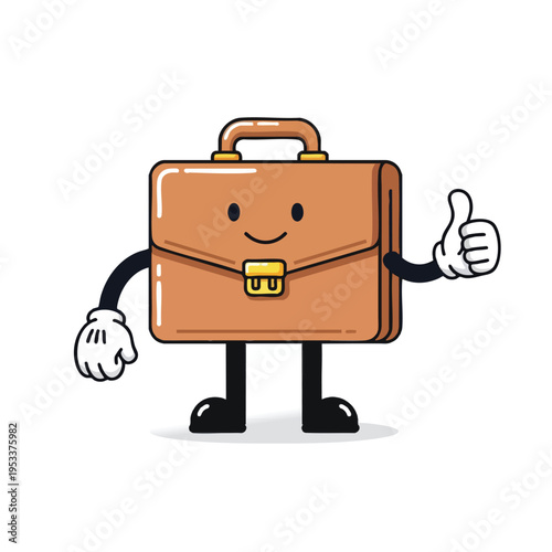 Anthropomorphic briefcase character with a friendly face giving a thumbs up