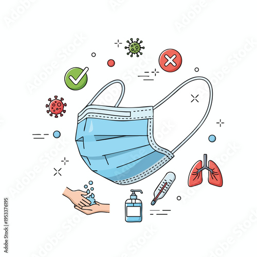 Medical mask, hand washing, sanitizing, thermometer, lungs, viruses, check marks