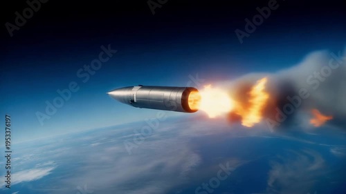 A metallic hypersonic missile traveling through the upper atmosphere with a bright fiery exhaust