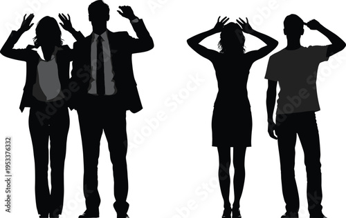 Silhouettes of surprised business people and casual couple holding heads in disbelief or shock expressing stress frustration and amazement against a white background