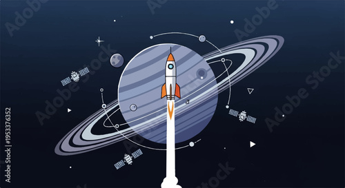 Rocket ship blasting off into space with saturn planet and rings in background