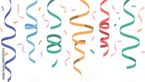 Colorful party streamers and confetti vector set, festive curling ribbons decoration for celebration design